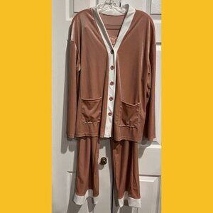 Pink Button Front Velour Pajama Set